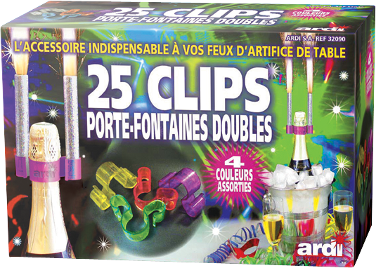 BOITE DE 25 CLIPS PORTE-FONTAINES DOUBLE EN VRAC 4 COULEURS ASSORTIES 