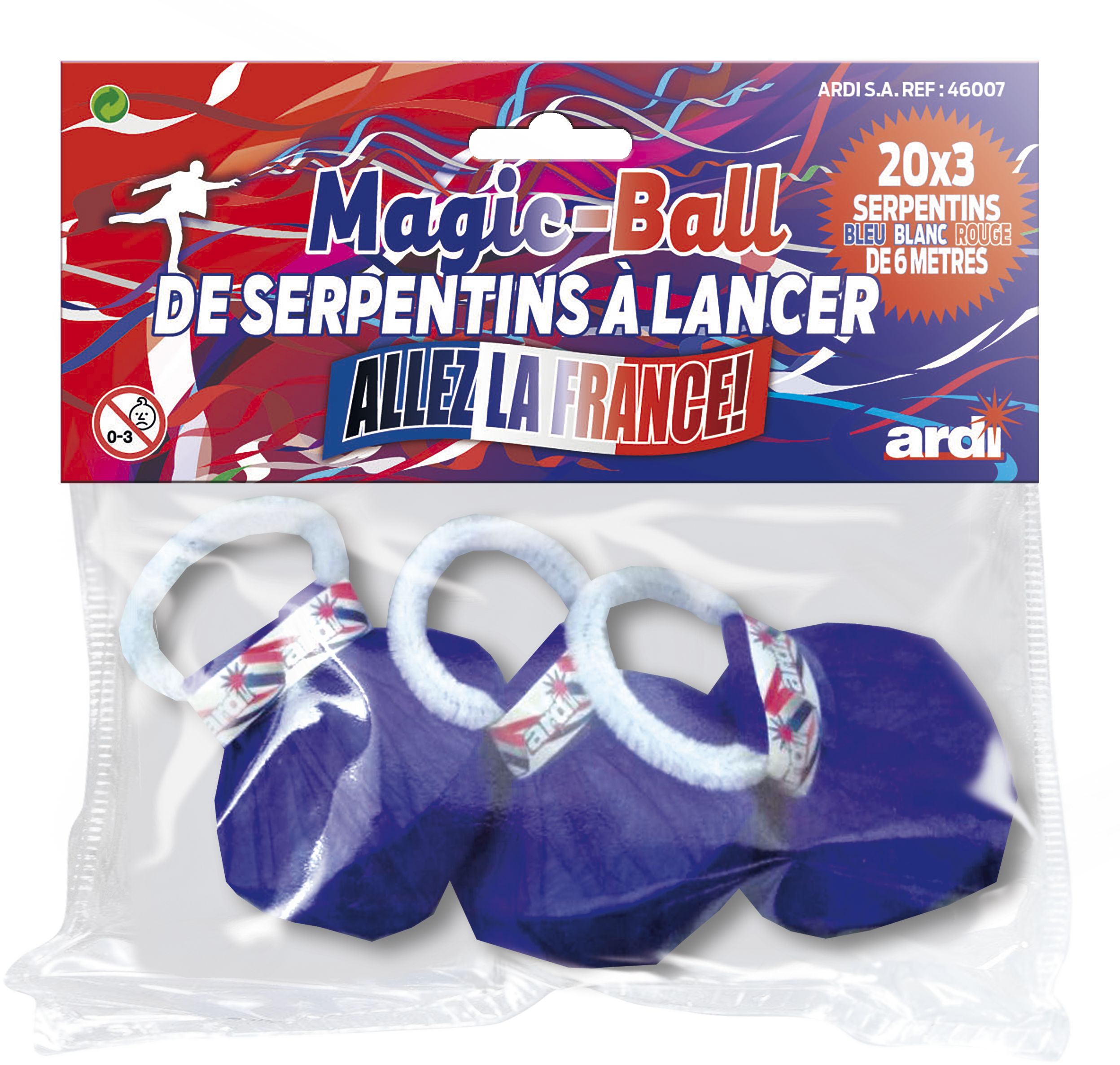 46007 SACHET DE 3 MAGIC BALLS DE SERPENTINS À LANCER ALLEZ LA FRANCE !®